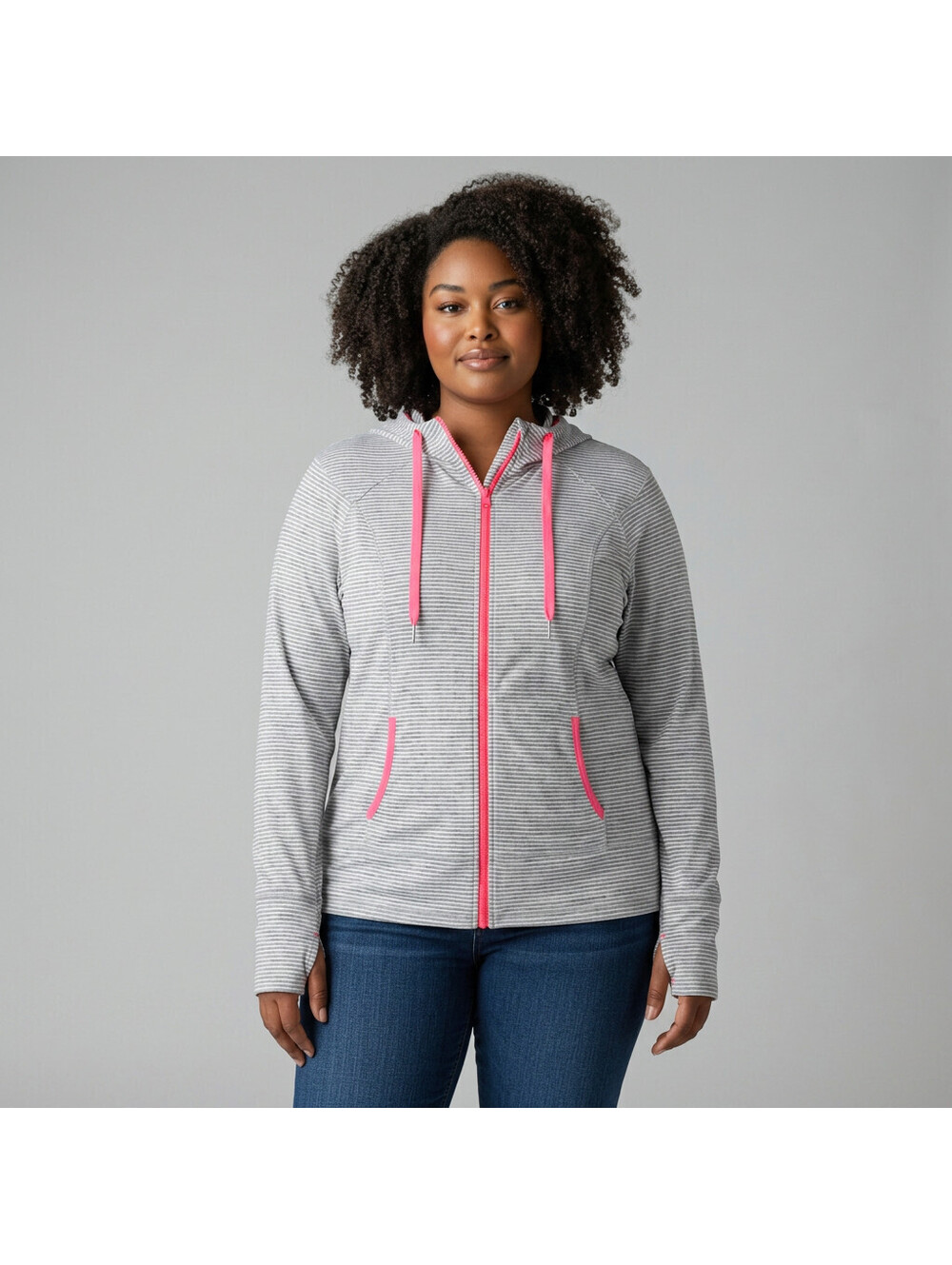 Lukka Full Zip Hoodie Women XL Gray Striped Hooded Long Sleeve Pockets Casual